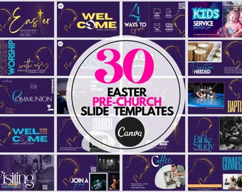 Puede incluir: Un collage de 30 plantillas de diapositivas de pre-iglesia de Pascua para Canva. Las diapositivas presentan un fondo morado con texto dorado y blanco. Algunas diapositivas tienen imágenes de personas, mientras que otras tienen diseños solo de texto. Las diapositivas están diseñadas para ser utilizadas en un entorno religioso.