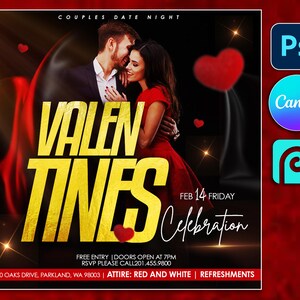 Valentine&#39;s Day Flyer Template 5&quot;x7&quot;, CANVA Editable PSD template Valentine&#39;s Day Flyer, Flyer Sales, February 14, Valentines Party