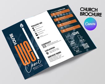 May include: A tri-fold church brochure with a navy blue and orange color scheme. The brochure features the text "You're Welcome" and lists upcoming events for 2025. It also includes contact information and service times.