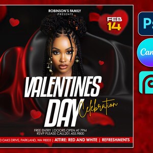 Valentine&#39;s Day Flyer Template 5&quot;x7&quot;, CANVA Editable PSD template Valentine&#39;s Day Flyer, Flyer Sales, February 14, Valentines Party