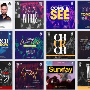 May include: A collection of colorful social media graphics for a church. The graphics feature text such as "Come & See", "Worship With Us", "Church Tomorrow", "Join Us Tomorrow", "Come To Church", "Be Our Guest", "Sunday", and "What Are You Doing On Sunday?" The graphics also feature a cross and a leaf design.