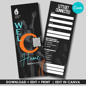 Peut inclure: Deux flyers promotionnels en noir et blanc. L'un présente une femme chantant avec les mots "Welcome Home" en bleu sarcelle et orange. L'autre flyer dit "Let's Get Connected" avec des champs à remplir pour les coordonnées.