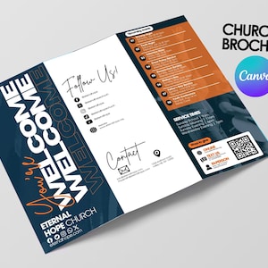 Plantilla de folleto de iglesia / Plantilla de Canva con gráficos de iglesia ideal para invitados por primera vez / Diseño de Canva editable / Formulario para invitados por primera vez