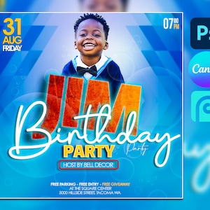 Modelo de folheto de aniversário de menino Canva 10 "x 10", modelo PSD editável Folheto de aniversário, folheto de aniversário para meninos, venda de folheto, folheto de feliz aniversário