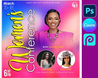 Könnte beinhalten: Ein Flyer für eine Frauenkonferenz in der Hope Baptist Church of God. Der Flyer ist rosa und lila mit einem gelben Titel. Die Konferenz findet vom 15. bis 18. März um 18:30 Uhr statt. Der Flyer zeigt ein Foto von Pastorin Jenny und zwei weiteren Rednerinnen, Helen James und Patty James. Die Adresse lautet 2022 Market Street, Tacoma WA 98345.