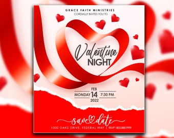 May include: A red and white Valentine's Day invitation with a red ribbon shaped into a heart. The text reads "GRACE FAITH MINISTRIES CORDIALLY INVITES YOU TO Valentine NIGHT FEB 14 7:30 PM 2022 save date 1000 OAKS DRIVE, FEDERAL WAY | RSVP 1800.888.9999"