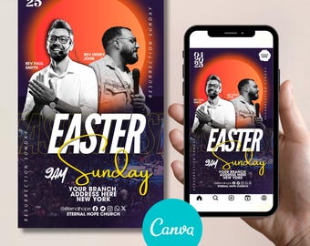 Volante animado del Domingo de Pascua, plantillas de volantes de Pascua naranja, volantes de iglesia, Domingo de Pascua, plantilla CANVA editable del Viernes Santo, Resurrección