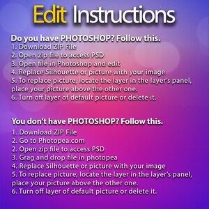 May include: A graphic with the text "Edit Instructions" in yellow and white. The instructions are for editing a file in Photoshop or Photopea, including downloading a ZIP file, opening a PSD, and replacing images. The background is a gradient of purple and pink.