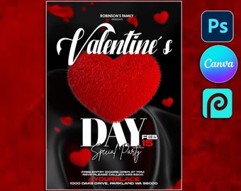 May include: A black and red Valentine's Day party flyer with a large red heart with fur texture. The text reads "Robinson's Family Presents Valentine's Day Special Party Feb 15. Free Entry Doors Open at 7pm RSVP Please Call 201.455.9000 Your Place 1000 Oaks Drive, Parkland WA 98000"