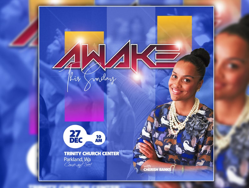 May include: A promotional graphic for Trinity Church Center featuring the text "AWAKE This Sunday." The image includes a portrait of Cherish Banks, and details for December 27th at 10 AM. The background is a blend of blue, purple, and gold.
