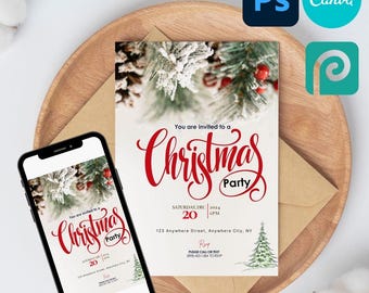 May include: A Christmas party invitation with a snowy pine branch background. The text reads "You are invited to a Christmas Party" with the date and time "Saturday, Dec 20, 2014, 4 PM". The address is "123 Anywhere Street, Anywhere City, NY". The invitation also includes a phone number for RSVP.
