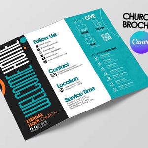 Plantilla de folleto de iglesia / Plantilla de Canva con gráficos de iglesia ideal para invitados por primera vez / Diseño de Canva editable / Formulario para invitados por primera vez