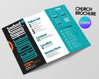 May include: A teal and white church brochure with the title "Church Brochure" and the text "Eternal Hope Church" and "Welcome Home". The brochure lists upcoming events, service times, contact information, and a location.