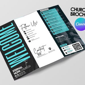 Plantilla de folleto de iglesia / Plantilla de Canva con gráficos de iglesia ideal para invitados por primera vez / Diseño de Canva editable / Formulario para invitados por primera vez