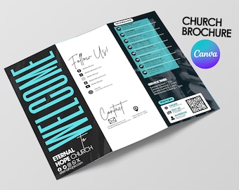 May include: A tri-fold church brochure with a black and blue color scheme. The front cover features the text "WELCOME to ETERNAL HOPE CHURCH" with a blue and black background. The inside panels include information about upcoming events, service times, contact information, and ways to give. The brochure also includes a QR code.