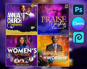 4 Church flyers bundle CANVA, template, Editable on Canva, Worship, BUNDLE Conference flyers, Church service, Christian, Instagram, Facebook