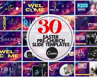 Puede incluir: Un collage de 30 diapositivas coloridas con texto e imágenes para los servicios previos a la iglesia de Pascua. Las diapositivas presentan temas como "Adoración", "Comunión", "Servicio para niños", "Bautismo", "Estudio bíblico" y "Grupo de conexión". El texto "30 Plantillas de diapositivas previas a la iglesia de Pascua Canva" está en el centro del collage.