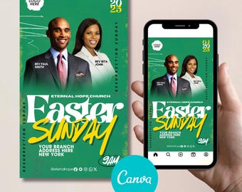 Volante de Domingo de Pascua ANIMADO, Plantillas de volantes de Pascua VERDES, Volantes de iglesias, Domingo de Pascua, Viernes Santo, Plantilla CANVA editable, Resurrección
