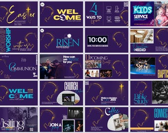 Puede incluir: Un conjunto de 16 diapositivas de servicio religioso de color morado y dorado con varios textos e imágenes. Las diapositivas incluyen anuncios, horarios de los servicios e información sobre eventos próximos. El texto incluye "Fin de semana de Pascua", "Adora con nosotros", "Resucitado", "¿Cómo podemos orar por ti?", "4 maneras de dar", "10:00 hasta que comience el servicio", "Eventos próximos", "Servicio para niños", "Donación necesaria", "Bautismo", "Comunión", "Bienvenido", "Iglesia", "Visita", "Únete a un grupo", "Toma una decisión para seguir a Jesús", "Estudio bíblico", "Café", y "Conéctate".