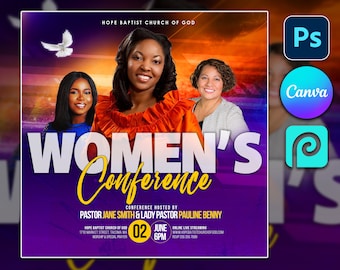 May include: A flyer for a Women's Conference hosted by Pastor Jane Smith and Lady Pastor Pauline Benny at Hope Baptist Church of God. The flyer features a purple and orange background with a white dove and the text "Women's Conference" in large, white letters. The flyer also includes the date and time of the event, as well as the church's address and website.