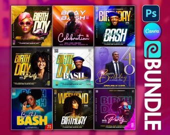 9 BUNDEL Canva BEWERKBARE verjaardagsflyersjablonen, evenementflyers, Photoshop-flyers, luxe feestflyer, verjaardagsfeest, flyer VERKOOP