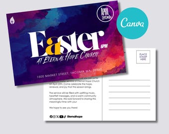 Ostersonntag Kirche Postkarte Vorlage für Canva, Einladung zur Osterfeier Kirche, Auferstehungssonntag, bearbeitbar druckbar, EDDM-konform