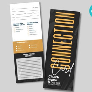 Pode incluir: Um cartão de conexão da igreja preto e dourado com o texto "CONNECTION Card" em letras grandes, em negrito e amarelas. O cartão tem uma seção para o nome, endereço, número de telefone, e-mail, quanto tempo é membro, como soube da igreja e um pedido de oração. O cartão também inclui o nome da igreja, os ícones de mídia social e o endereço do site.