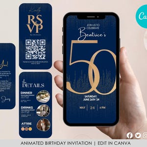CANVA 60th Birthday Electronic Invitation Template for Men Navy and Gold Editable, Birthday Evite, Navy Gold, Sixty Invite, INSTANT DOWNLOAD
