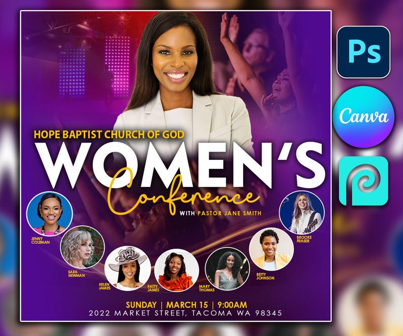Flyer Template For Canva & Photoshop, Women Conference Flyer Design, Editable PSD template Worship Flyer, Church flyer,Church Flyer image 1