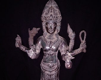 Obra maestra de Trimurti, dios hindú de 3 cabezas y 6 manos, bronce y latón, 33 cm - Escultura de arte espiritual coleccionable