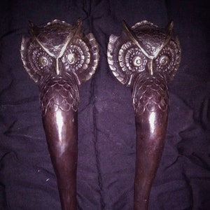 Puede incluir: Par de manijas de puerta con forma de búho en tono bronce. Cada manija presenta una cabeza de búho en la parte superior, detallada con círculos concéntricos y cuencas oculares. Las manijas se extienden hacia abajo, terminando en un diseño de pie con garras.