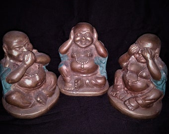Happy Buddha Fine Art 3.5" Brass statue (set of 3) Right View, Right Speech, Right Concentration
