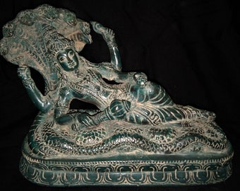 Hindu God Lord Vishnu Statue - 8.5" Resting on Serpent Adishesha Lord of Naga Cobra Bronze Brass Sculpture