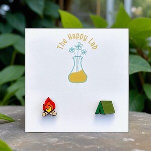 Camping Earrings. Camping Camp Tent Fire Earrings. Wooden Stud Earrings. Adventure Gifts for Her. Earrings for Girls. Natural Earrings.