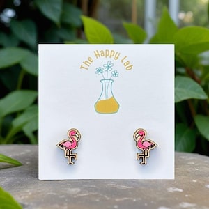 Flamingo Earrings. Summer Earrings. Wooden Earring Studs. Statement Earrings. Festival Jewelry. Poolside Jewelry. Pink Earrings. Pink Studs.