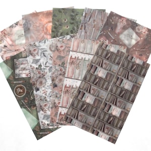 May include: A set of ten decorative papers featuring a variety of patterns, including floral, bookshelf, and abstract designs. The papers are in shades of pink, green, and brown.