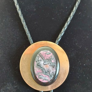 50% OFF SALE:  Black Inlaid Agate Bolo Tie/ Brass Backing #1740