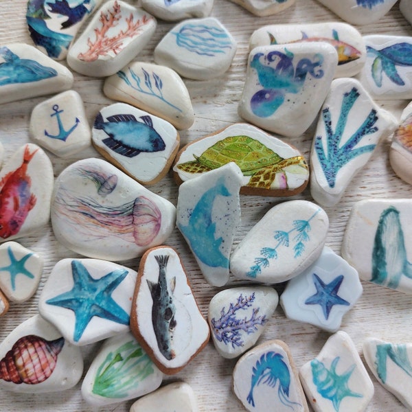 sea pottery, decorated with paper, set 10 small pieces