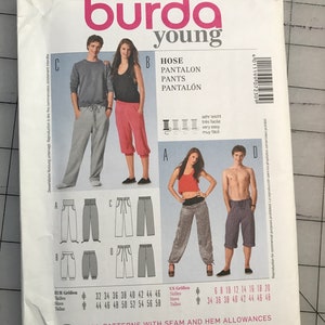 May include: A Burda Young sewing pattern packet, featuring illustrations of various pant styles. The packet includes the number 7230 and the words "HOSE, PANTALON, PANTS, PANTALÓN". The packet also includes size charts.