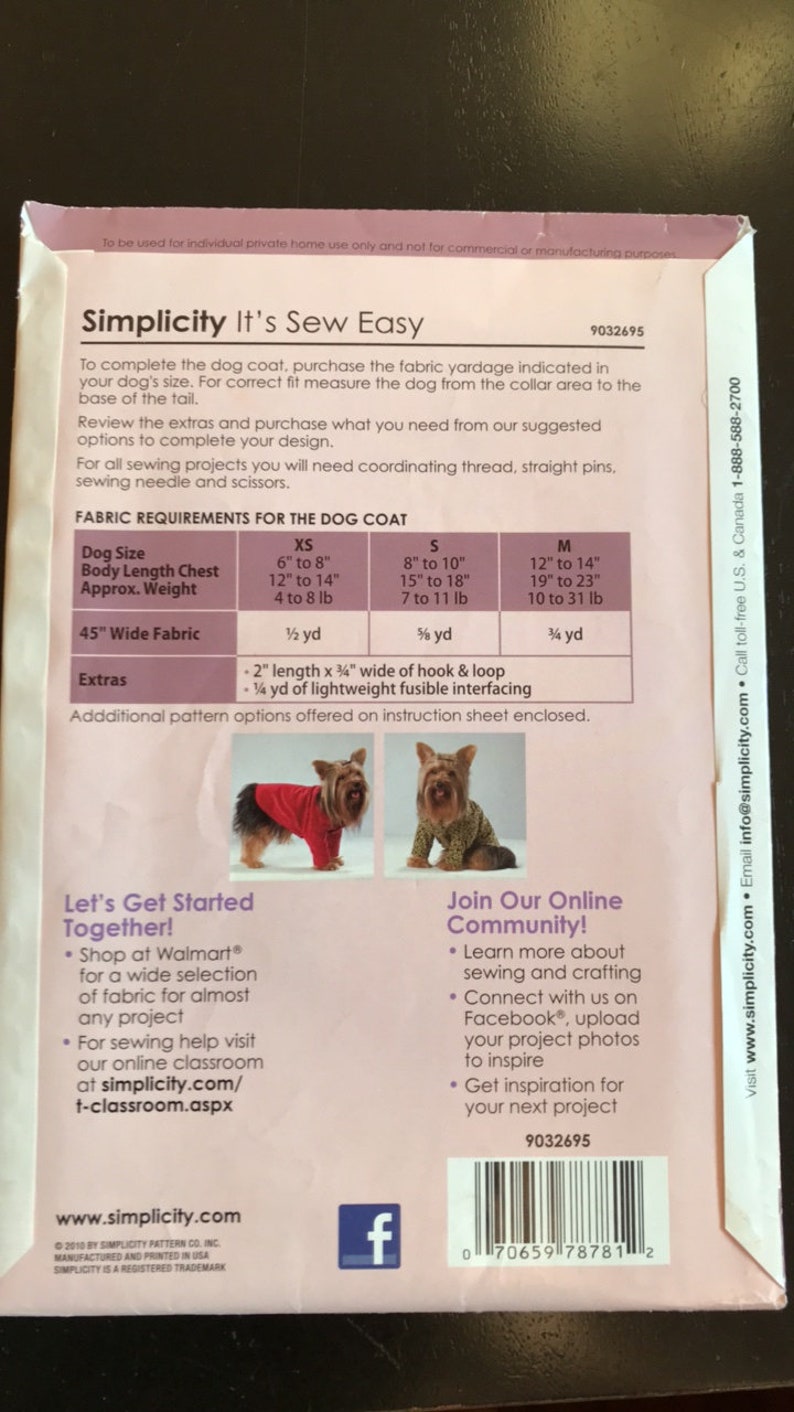 Simplicity DOG COAT Pattern Uncut Etsy