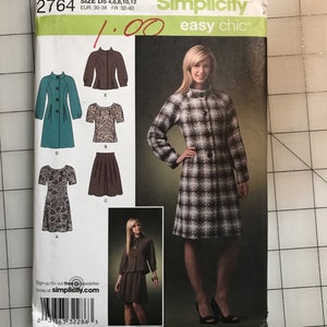 May include: Simplicity Easy Chic sewing pattern, size D5, featuring a woman in a plaid coat and skirt. The pattern includes designs for a coat, skirt, dress, and top. The price is marked as $1.00.