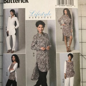 May include: Butterick B6294 sewing pattern for a Lifestyle Wardrobe. The pattern features various shirt and tunic designs with zebra print and solid color options. Includes sizes 8-16.