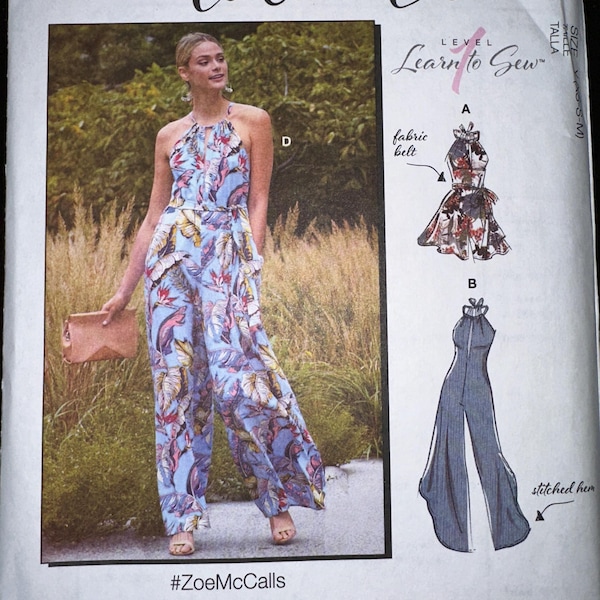May include: McCall's sewing pattern featuring a woman in a blue and floral jumpsuit. The pattern includes a halter top and wide-leg pants. The text reads "Learn to Sew" and "#ZoeMcCalls".