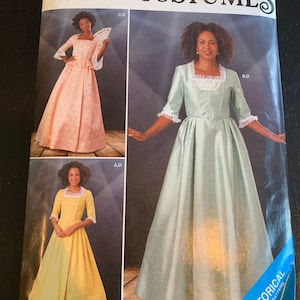 May include: Simplicity Costumes sewing pattern R11005. The pattern features historical costume designs, including a pink, yellow, and light green gown. The pattern size is U.S. 6-14. The cover includes the text "HISTORICAL SEWING PATTERN."