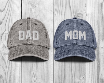 Mom and Dad Hats / Vintage Embroidered Caps / Pregnancy Announcement Gift / Baby Announcement Gift