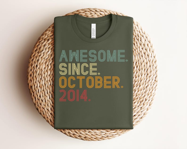 Puede incluir: Una camiseta de cuello redondo color verde oliva con el texto "AWESOME. SINCE. OCTOBER. 2014." impreso en un estilo de fuente retro de varias l&iacute;neas. La palabra "AWESOME." es azul claro, "SINCE." es amarilla, "OCTOBER." es naranja y "2014." es roja.