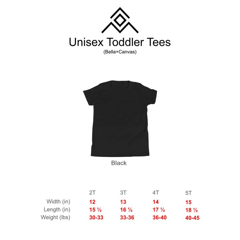 Puede incluir: Una camiseta negra unisex para ni&ntilde;os peque&ntilde;os. La camiseta tiene cuello redondo y mangas cortas. La imagen incluye medidas de tama&ntilde;o y peso en pulgadas y libras para las tallas 2T, 3T, 4T y 5T.