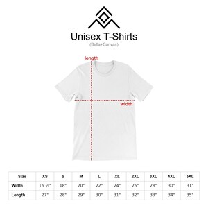 a white t-shirt with measurements and a logo for unisex t-shirts.