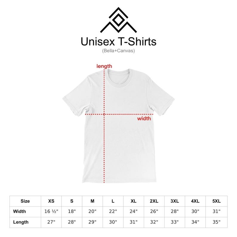a white t-shirt with measurements and a logo for unisex t-shirts.