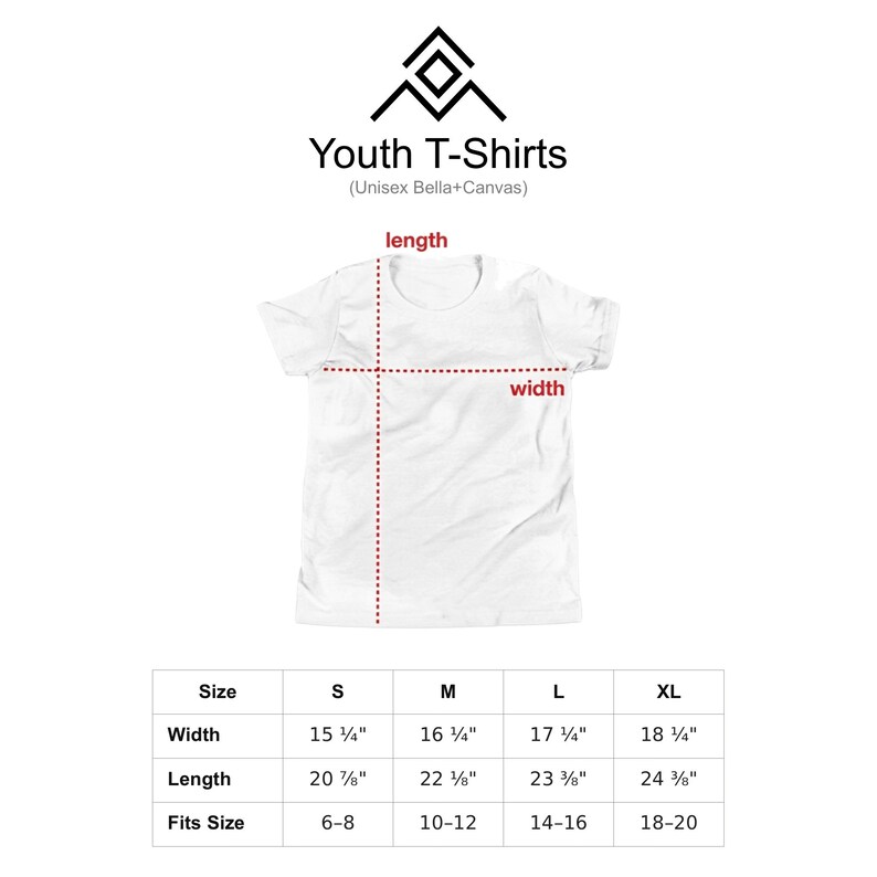 a white t-shirt with measurements and fits size information, including a table with size categories and corresponding widths and lengths.
